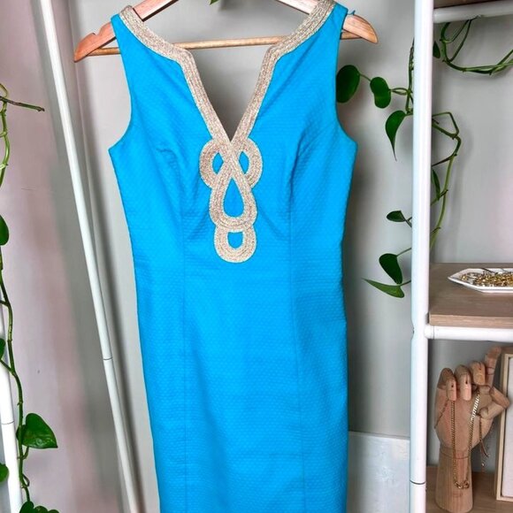 Lilly Pulitzer- Shift Dress- Teal & Gold - Size 00 - Like New - Picture 1 of 6